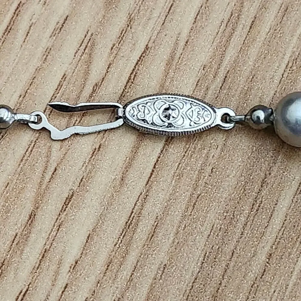 Vintage Gray Faux Pearl Strand Necklace Graduated Knotted 24in‎ Fishhook Clasp